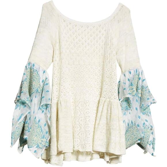Free People Pointelle Breeze Top Lightweight Open Knit Fairycore Ivory Blue XS - Picture 13 of 13